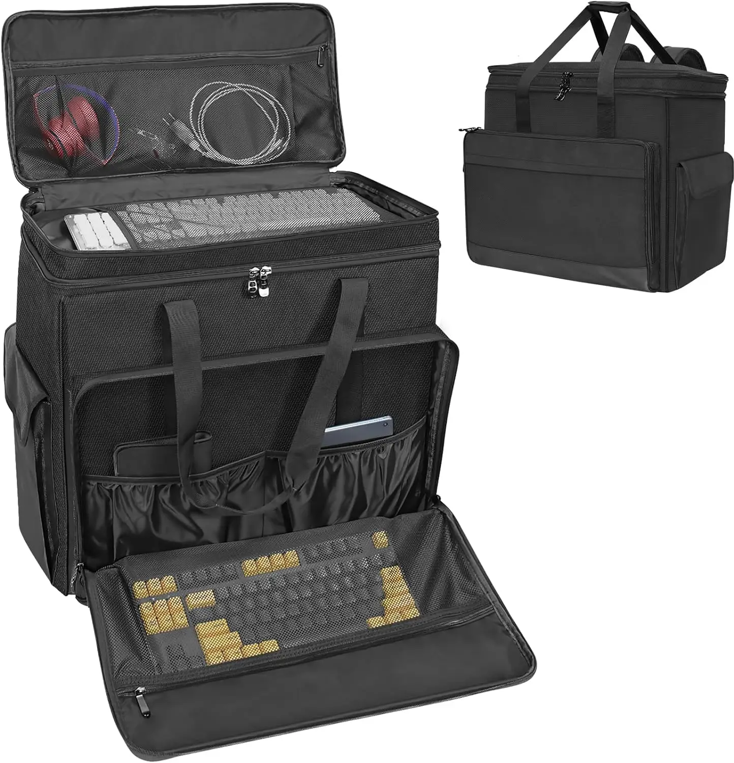 Double Layer Computer Tower Carrying Case Desktop Computer Travel Storage Bag for PC Chassis, Keyboard, Cable,
