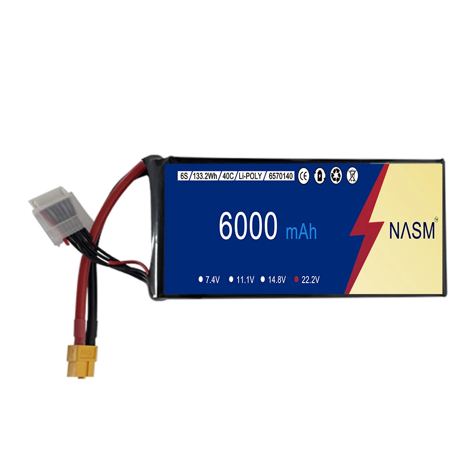 YJL FPV Battery 6000mAh 6S 22.2V 40C Lipo Pack with XT60 Drone Helicopter Airplane RC Boat Car Models Uav Wire
