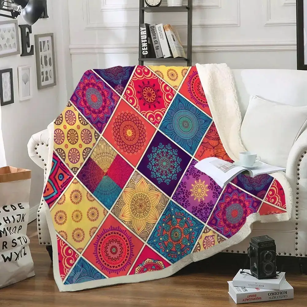 Digital custom galaxy printed blanket polyester fabric boho mandala thicken sherpa fleece blanket for winter