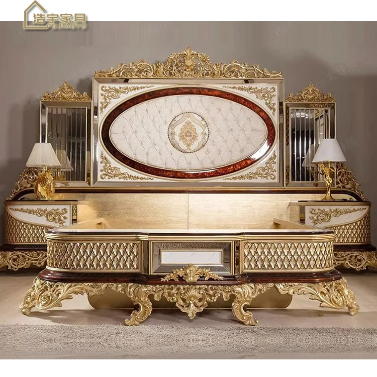 2023 Turkish Middle East Eastern Luxury Antique Royal Hand Carved Bed Room Furniture Set Five Pieces Black Gold African American