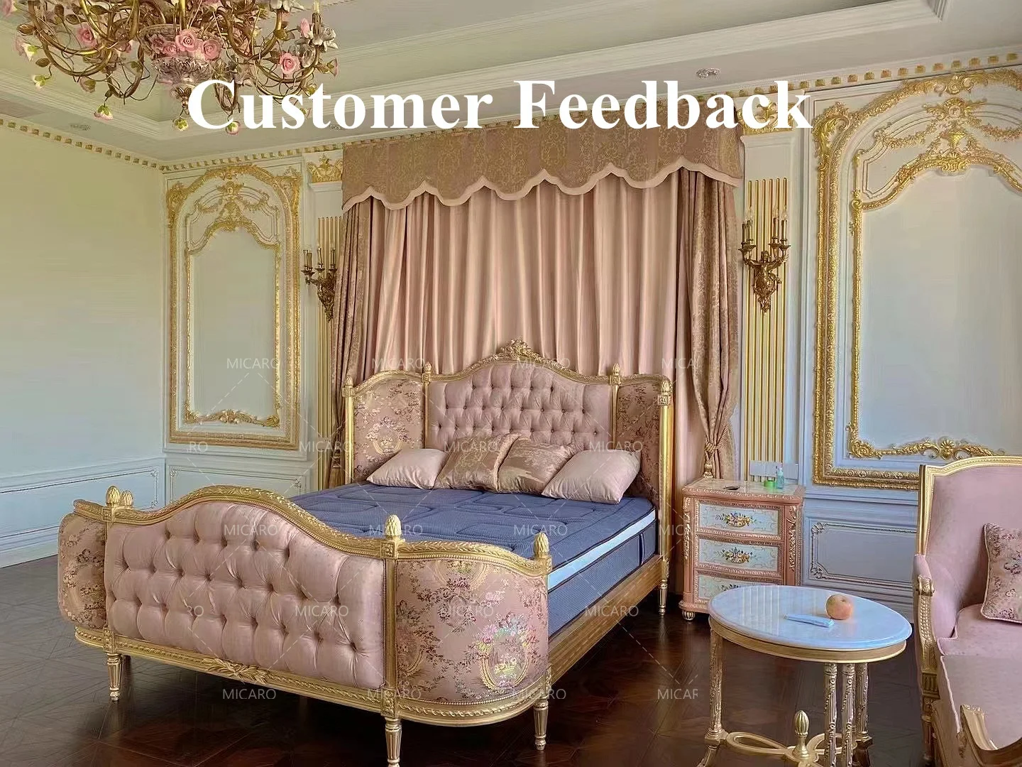 Luxury European style French classic solid wood gold bedroom furniture set for girls