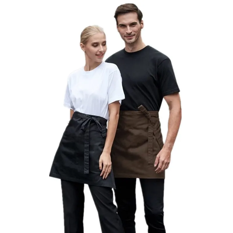 3 Pocket 2 Pocket Custom Black Cotton Polyester Short Waitress Half Server Waiter Apron Waist for Kitchen Coffee Bar