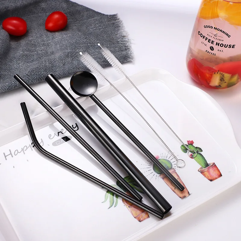 SMT 6PCS Reusable Boba Metal Straws Stainless Steel Drinking Straw Set With Spoon Cleaning Brush & Travel Case