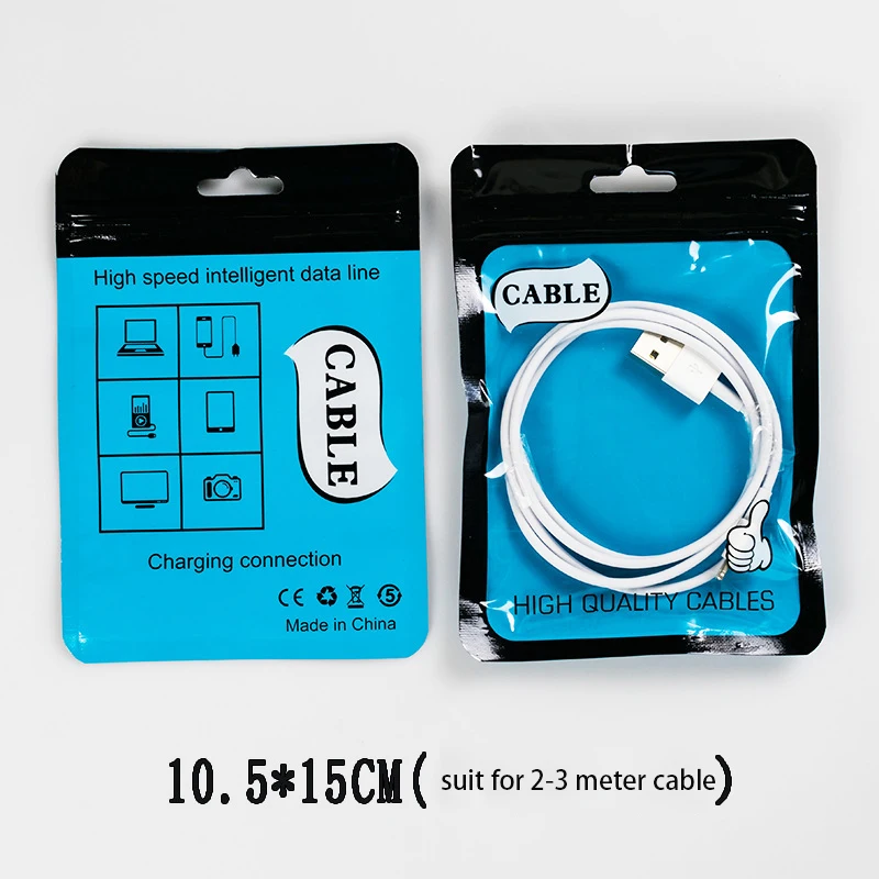 Plastic Ziplock Top Clear Window Retail Pouches USB Cable Package Bag for iPhone Samsung USB Charger Cable Package Bags