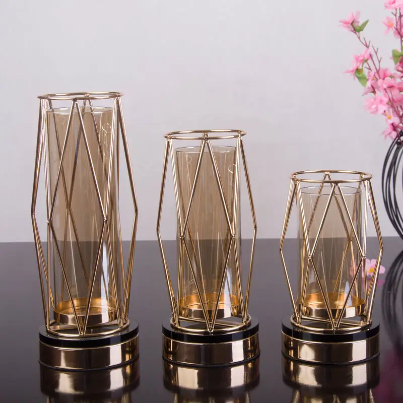 Роскошные золотые круглые металлические пустотелые вазы для домашнего декора, стеклянный держатель, тестовая трубка, гидропонная железная ваза
