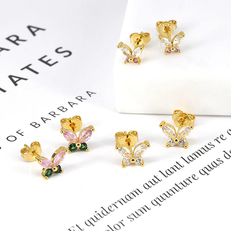 Brass Earrings Butterfly Geometry Color Zircon Gold Silver Stud Earrings for Women Hainon 2010