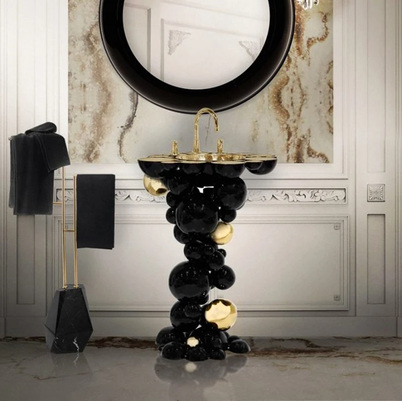 Stainless steel pedestal table top black designer art golden hand bathroom wash basin with pedestal