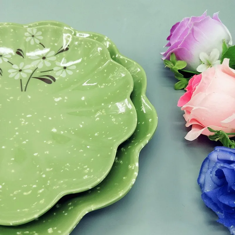 Custom Classic Design Round Plastic Plate Durable 9 Inch Green Flower Shape Reusable Melamine Plates