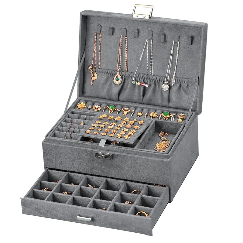 New Grey 3-Layer Flannel Jewelry Organizer Box Necklaces Earrings Rings Large Capacity With Lock Display Holder Case Women