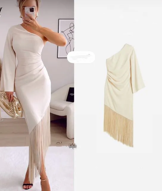 2698-23 High Quality Pleated Slim Sloping Hem With Tassel Edge One Shoulder Vacation Elegant Casual Maxi Dress