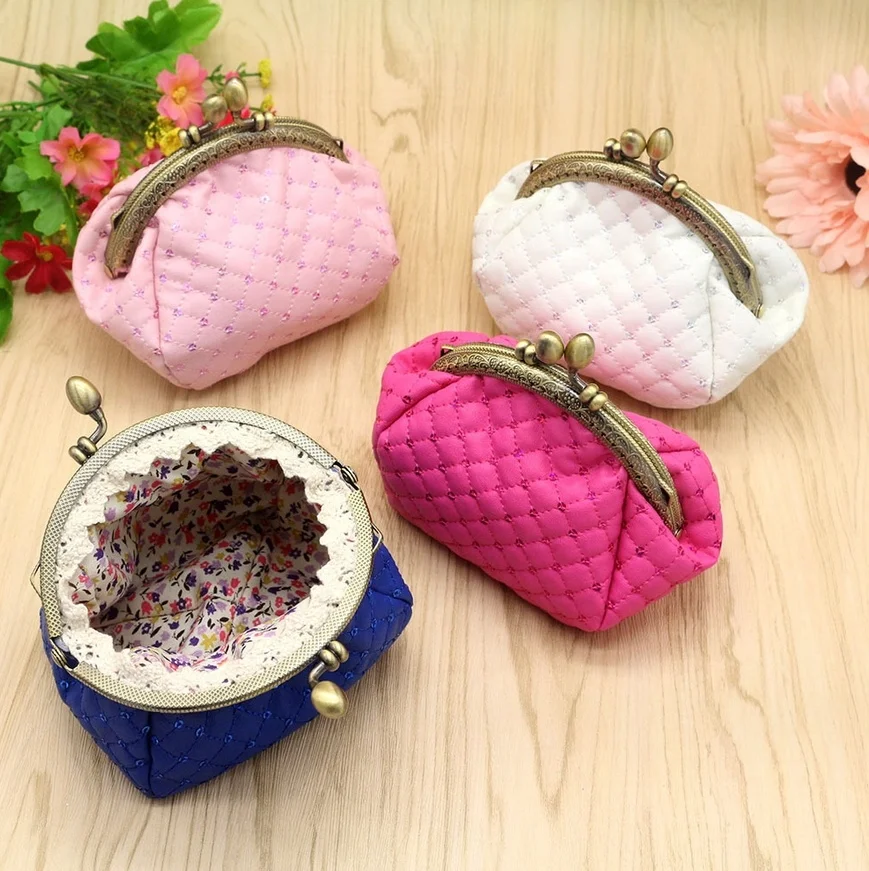 Korea Sequin Lattice Coin Bag Storage Pouch Checkered Geometric Mini Coin Purse Buckle Snap Closure Lipstick Bag Women Wallets