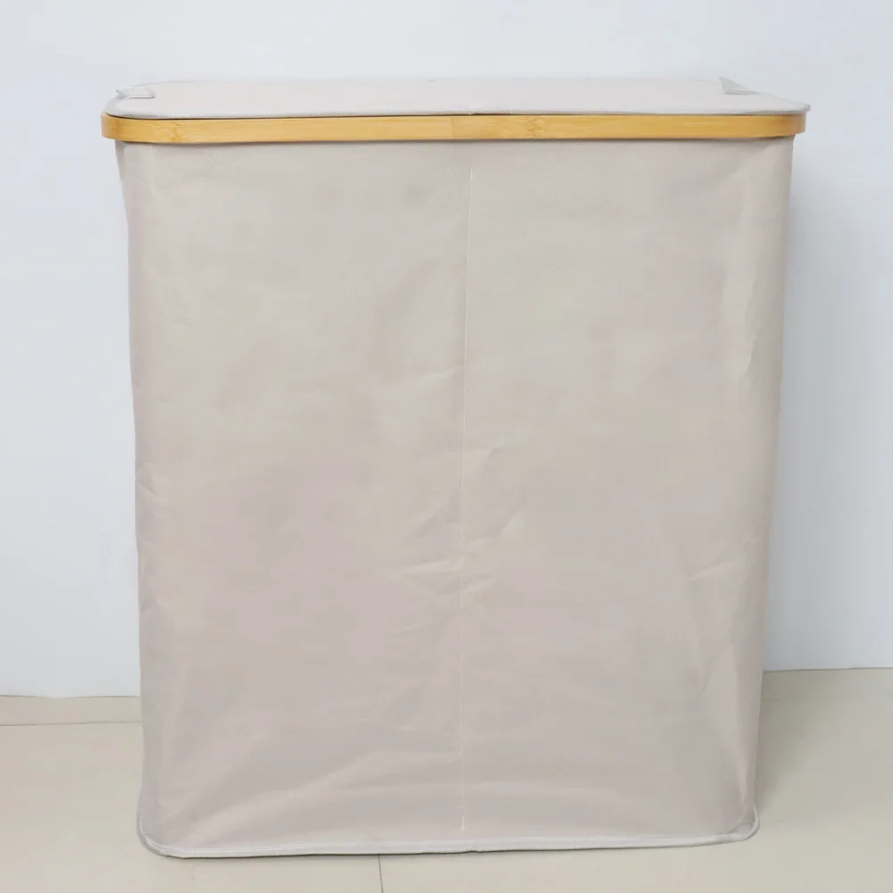 Factory Beige Bamboo Frame 2 Section Foldable Hamper Sorter Laundry Storage Basket with Lid