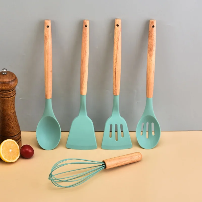Multi-Functional 12Pcs Silicone Kitchen Utensils Set Wooden Handle Cooking Utensil Spatula Set