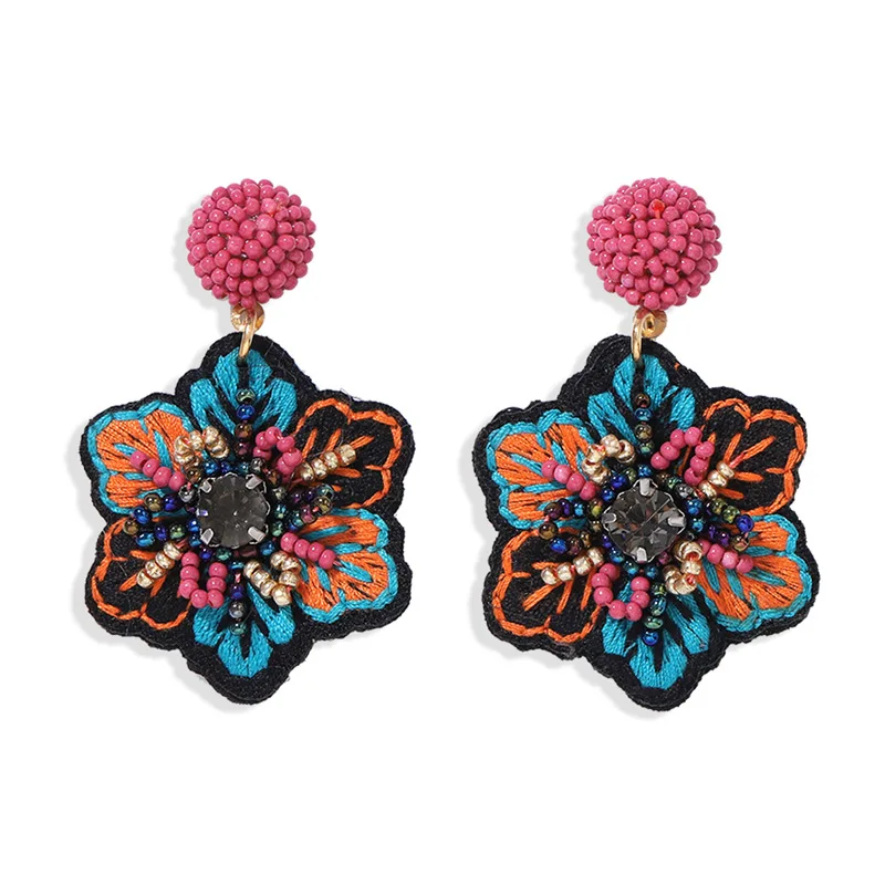 2022 New Design Embroidery Fabric Handmade Rice Bead Earrings Colorful Flower Leaf Handmade Drop Earrings
