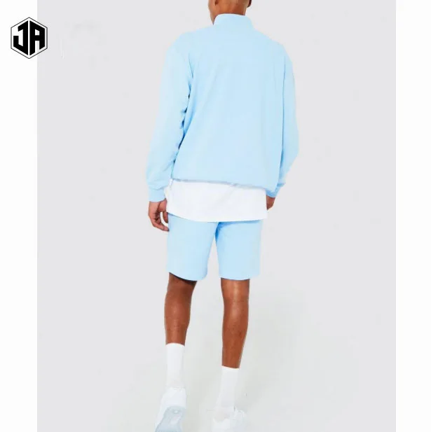 jersey 2 piece athleisure set simple streetwear set mens heavyweight half zipper jumper and shorts tracksuit