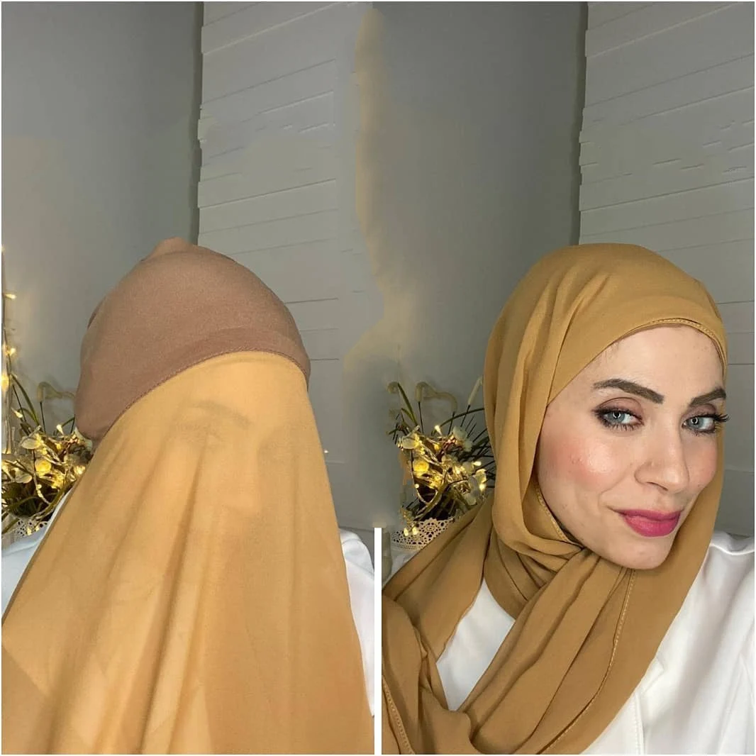 
2021 new designs rubber instant muslim chiffon hijab schal plain with bonet undercap 
