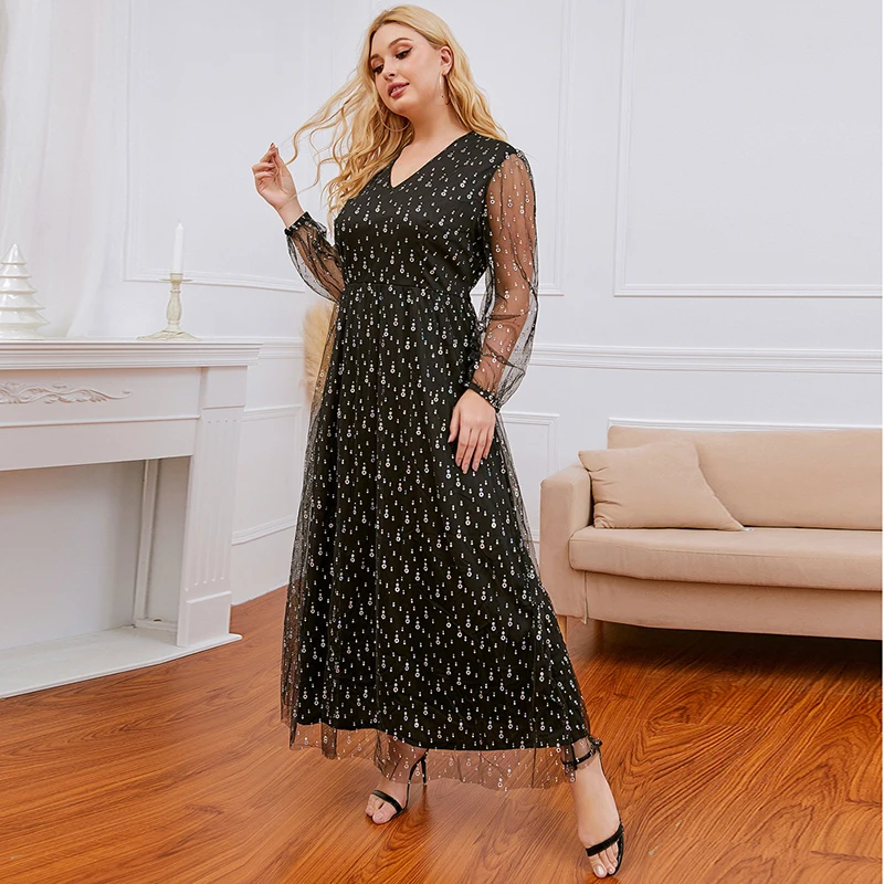 Women Black Lace Plus Size Maxi Evening Dresses With Sequined Mother Of the Bride Dresses