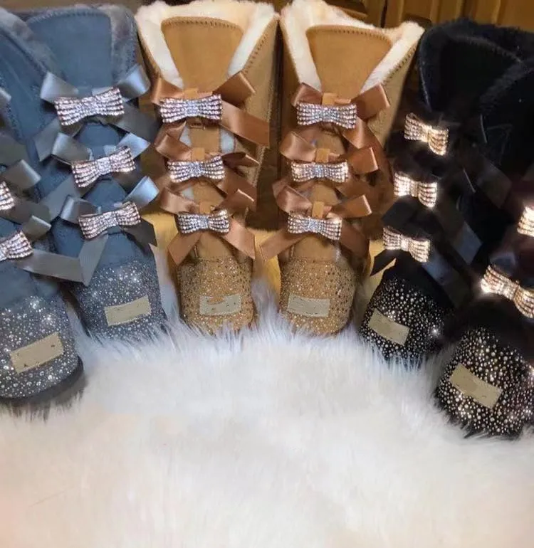 Wholesale Outdoor Shearling Sheepskin Boots Rhinestone Bow Mid-Tube Winter Warm Real Fur Snow Boots For Women