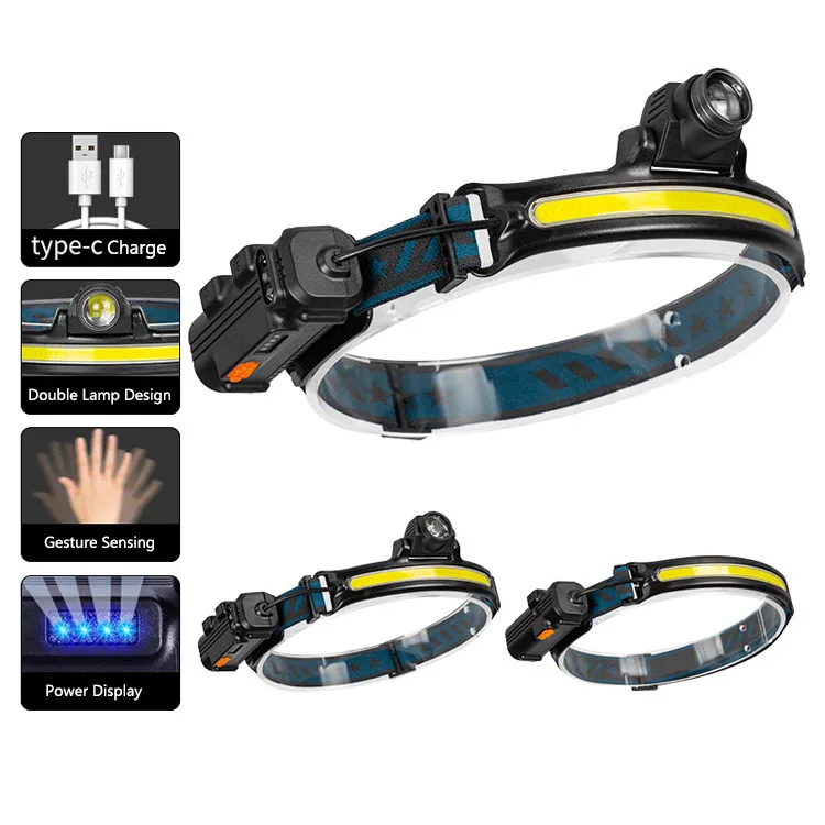 Double Adjustable  230 LED Headlight Super Bright Waterproof USB Rechargeable Head Lamp COB Motion Sensor Light Band Headlamp