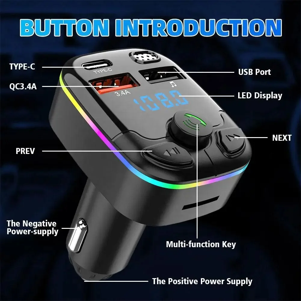 Bluetooth 5.3 FM Transmitter for Car PD QC Microphone & HiFi Bass Sound Cigarette Lighter Radio Music Adapter Charger Hands-Free
