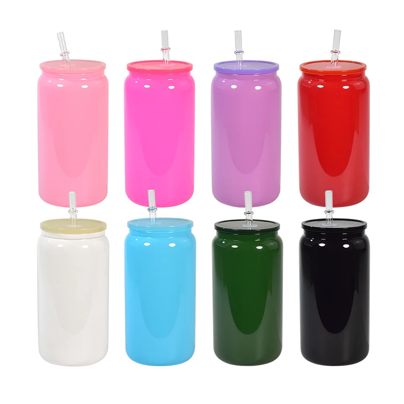 Wholesale 16oz sublimation colored glass can with colored plastic lids and plastic straw for UV DTF wraps