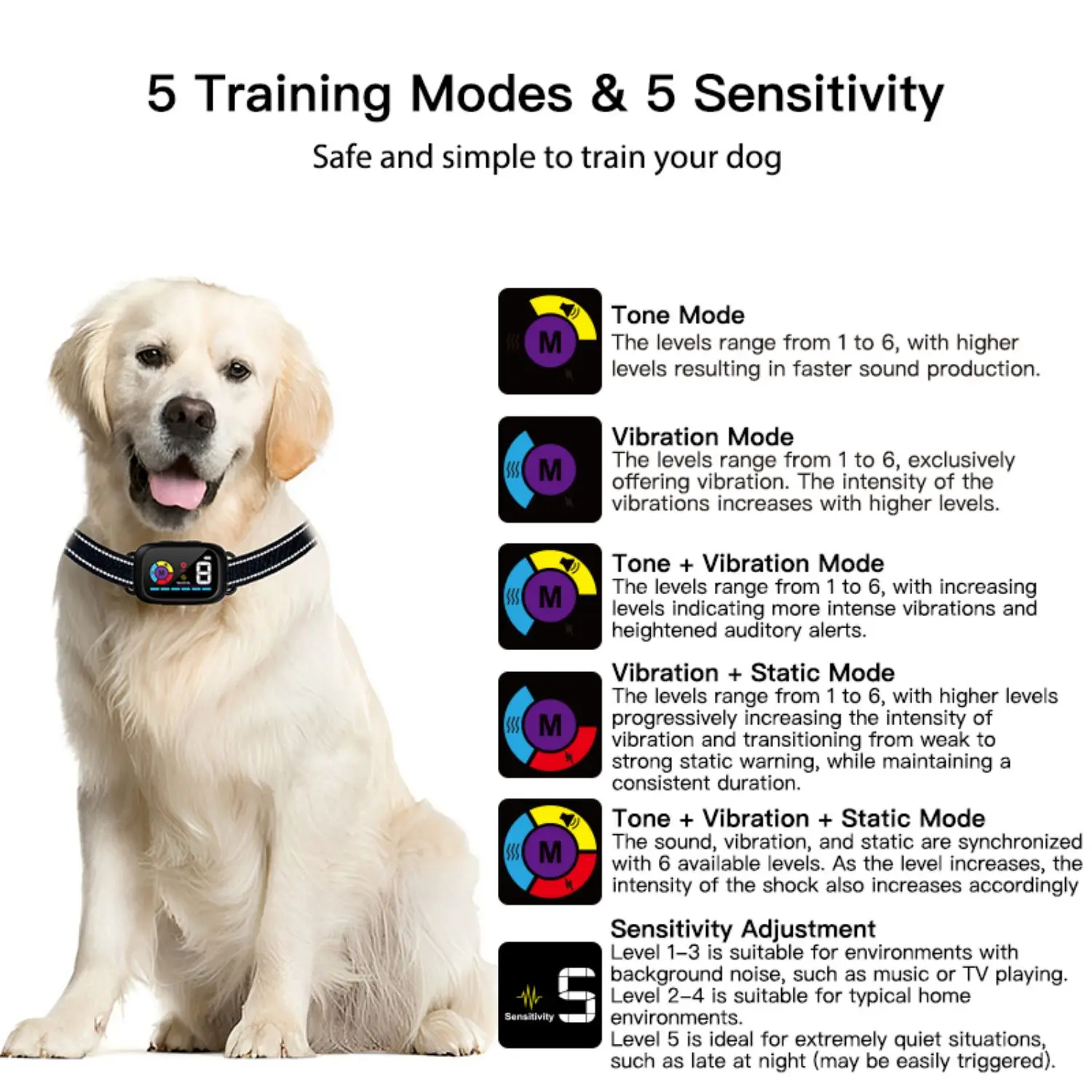 Color screen ip67 waterproof adjustable sensitivity shock anti bark training collar dog bark collar