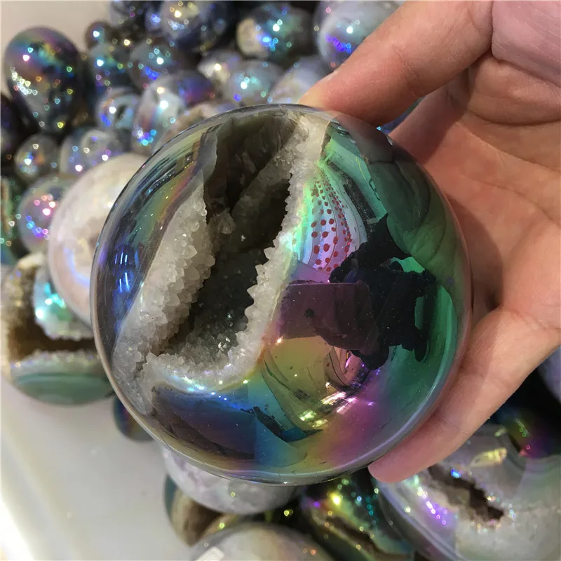 Electroplated Angel Aura Crystal Quartz Open Smiling Geode Ball Crystal Sphere With Druzy
