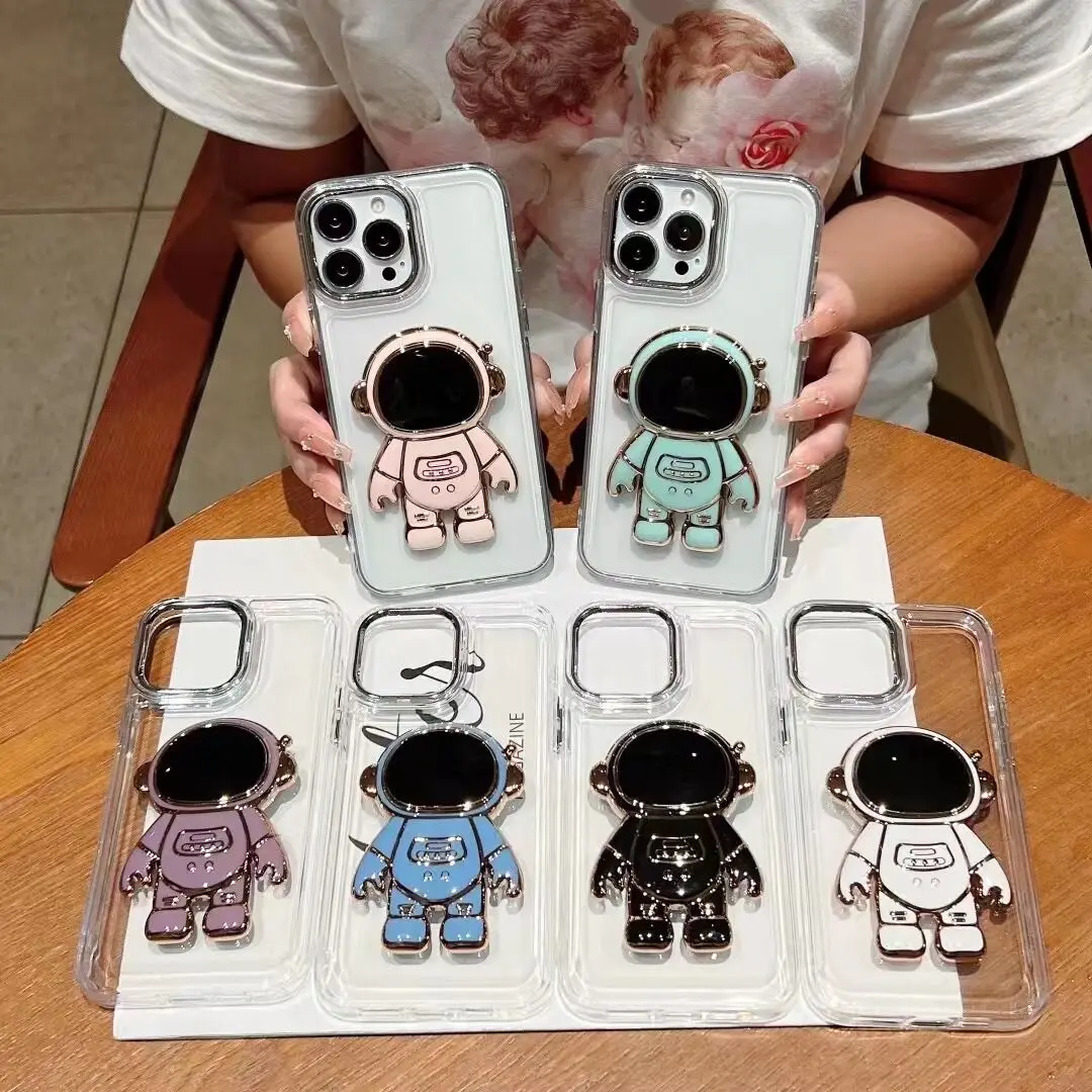 For iPhone 14 Pro Max 13 12 11 XR XS Max Astronaut Electroplating 2.0MM Soft TPU Transparent with Kickstand Mobile Phone Case