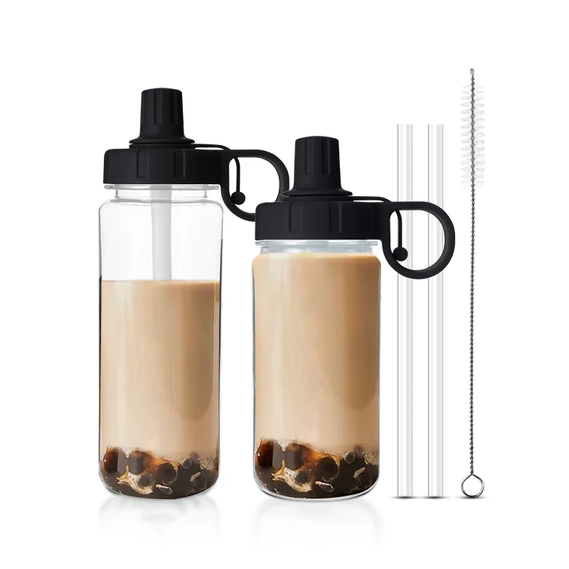 Custom logo tritan plastic water bottle travel reusable bubble tea water bottle with leak proof handle straw lid for coffee milk