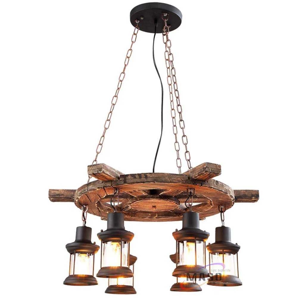 Maso MS-P3007 antique iron glass vintage pendant lamp rudder wooden chandelier pendant lamps for Restaurant/bar/cafe decor