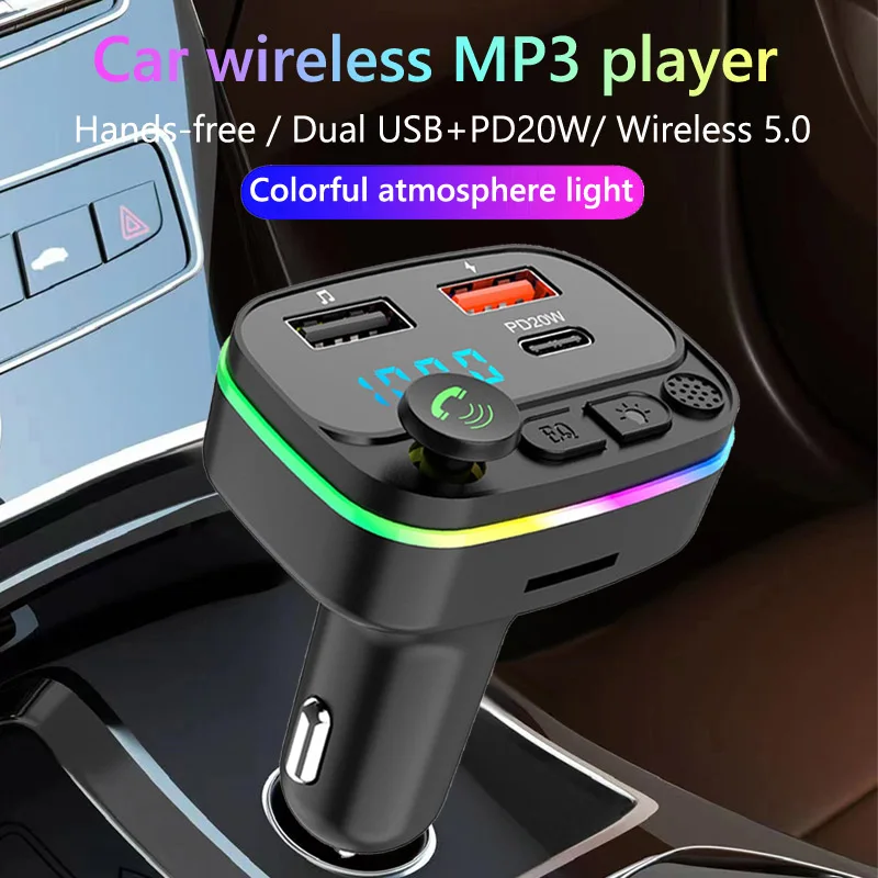Colorful Light 2 Usb Type C PD 20W Fast Charging FM Modulator Handsfree Car Kit FM Transmitter Wireless Car Mp3 Player