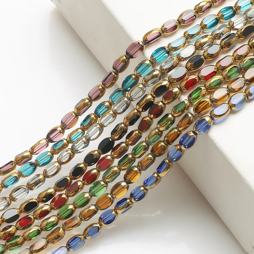 Zhubi Wholesale 4X6MM Colorful Jade Faceted Glass Beads Gold Edge Rice Shaped Round Crystal Beads for Jewelry Making