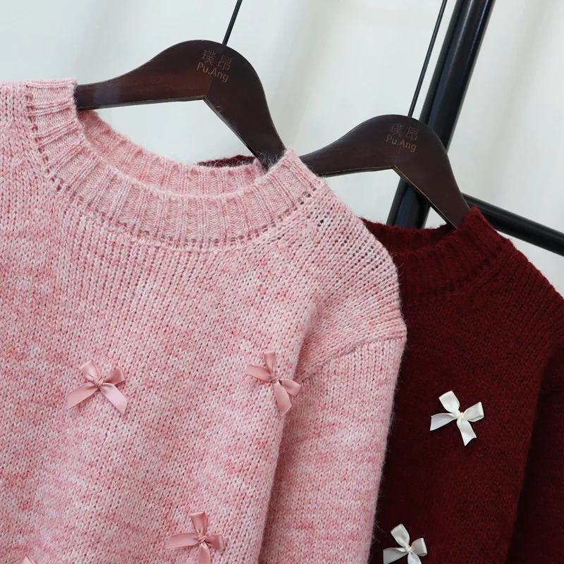 2024 Autumn Winter Fashion Bow Decoration Knitted Round Neck Sweater For Women Cute Soft Sweet Long Sleeve Warm Pullover