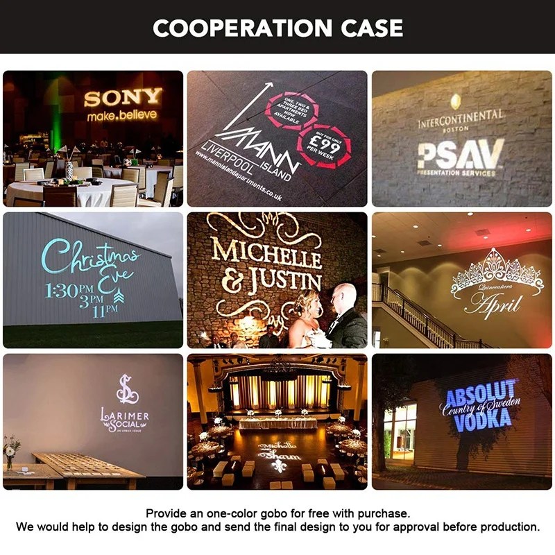 
200W LED Custom Image Rotating GOBO Projector Light with Remote Control Switch Customized Gobos for Company Store Wedding 