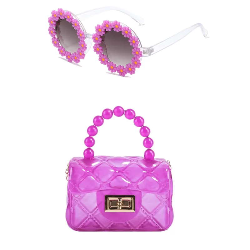 2024 Summer Colorful Candy PVC Little Girls  Mini Purse Kids Jelly Shoulder Bag and kid sunglasses set
