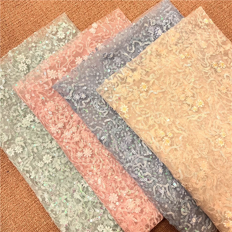 2022 new Tulle mesh Sequin fabric embroidered flower dress  luxury french tulle sequin lace fabric