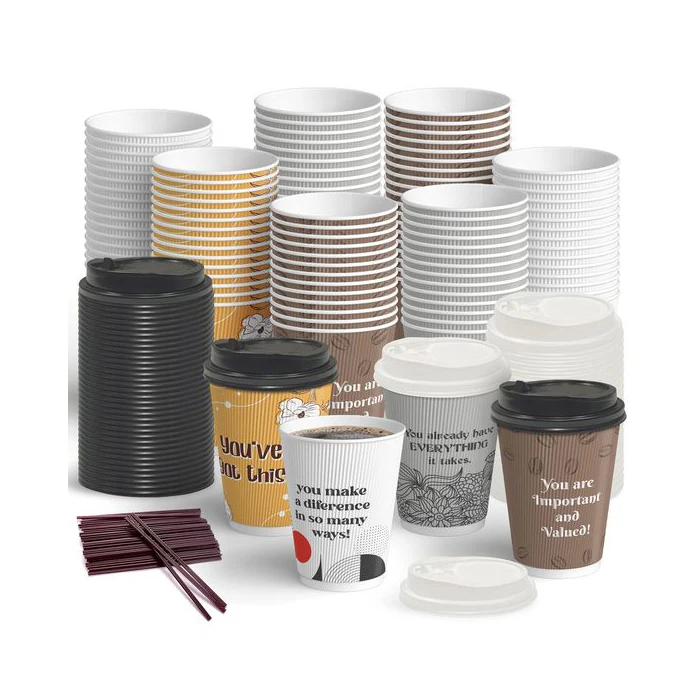 Biodegradable Disposable Coffee Paper Cup Single Double Ripple Wall Paper Coffee Shop Cafe Cups With Lids And Sleeve Straws