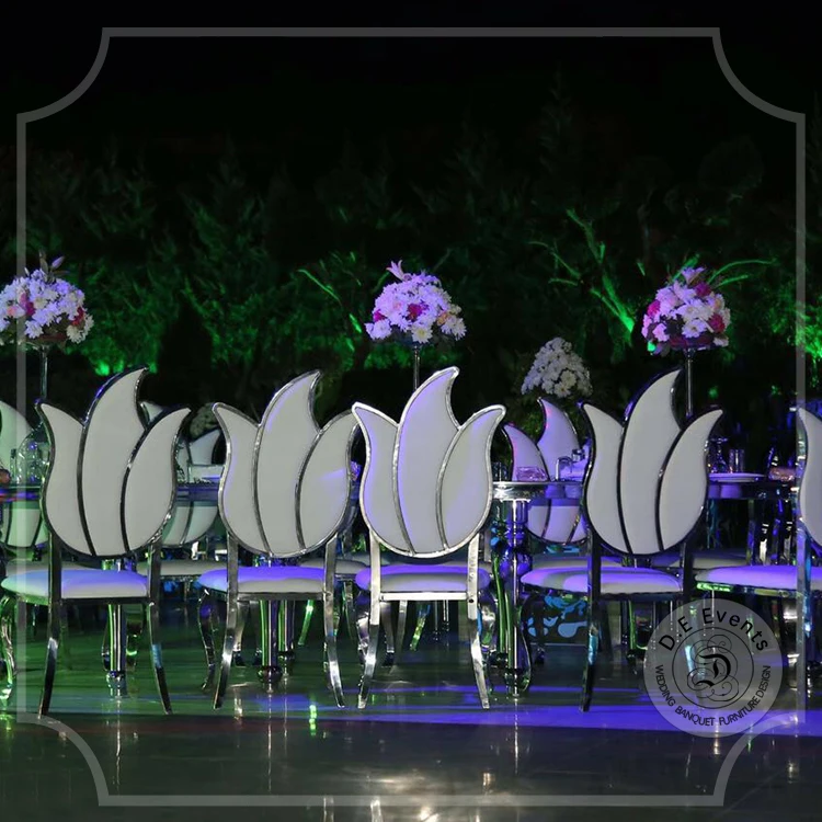 Wedding design stainless steel metal frame event banquet dining chair silver and white wedding chair
