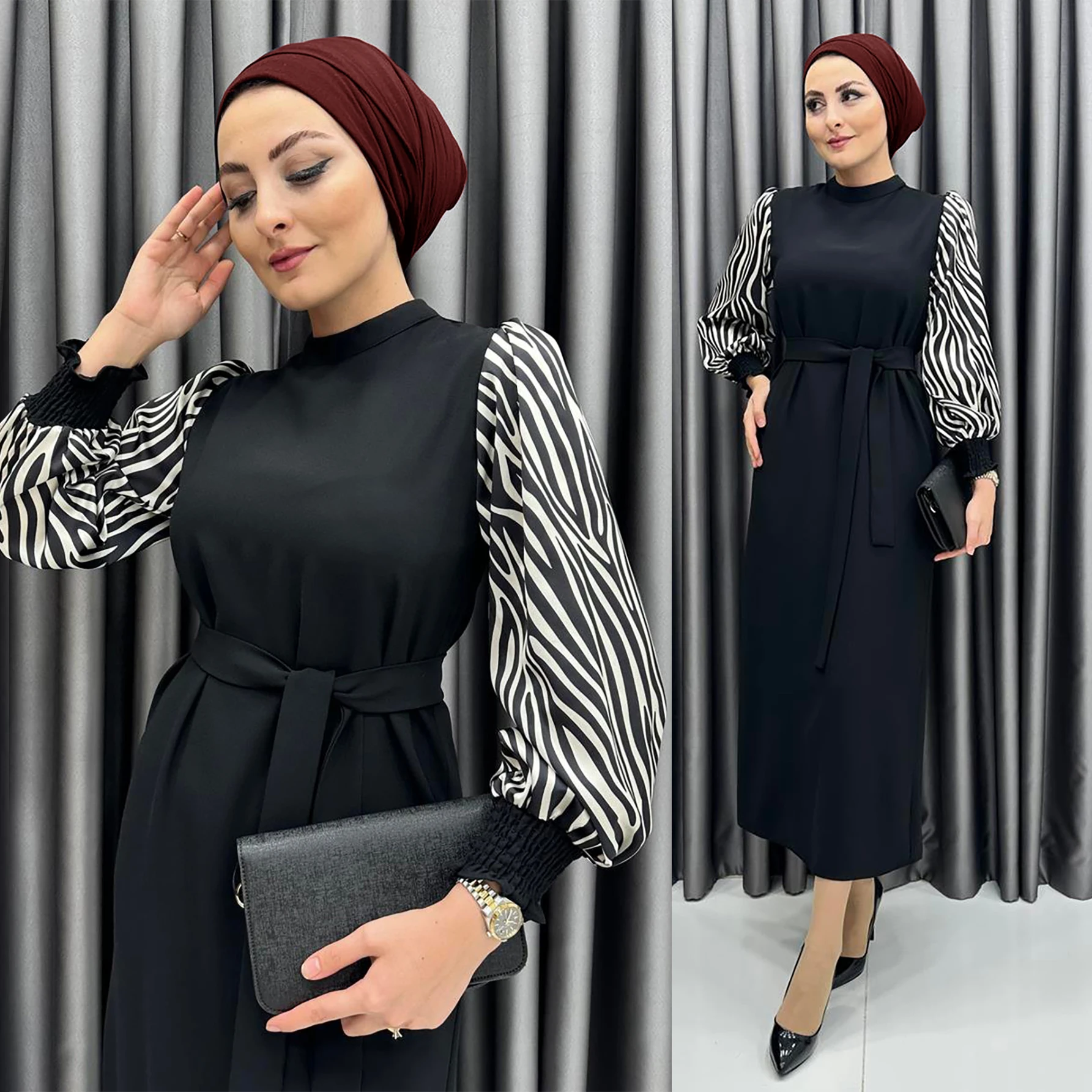 New Fashion Muslim Women Clothing  Abaya Crewneck Raglan Stripe Sleeve Islamic Casual Dress With Waistband