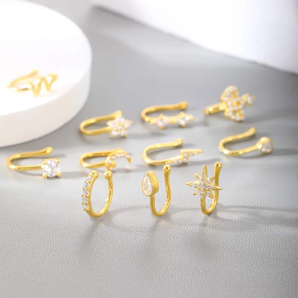 925 Silver Fake Nose Ring CZ African Nose Cuffs Gold Faux Septum Rings Clip on Nose Jewelry for Woman Non Pierced Jewelry