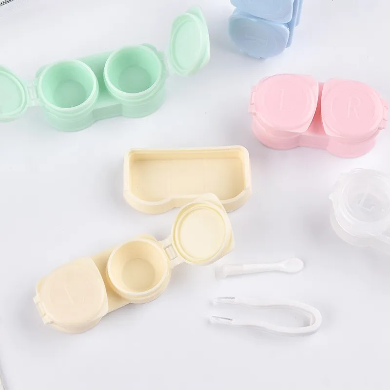 Macaroon Color Press Open Left/Right Leak Proof Travel Eyes Contact Lens Case With Tweezers Sucker