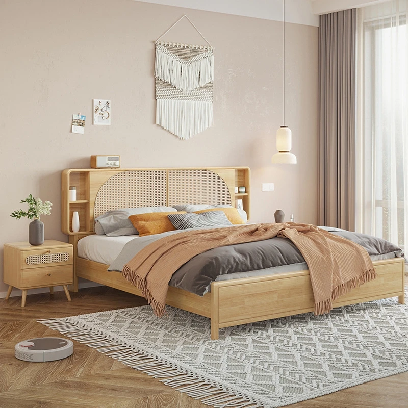 Rattan solid wood bed king size double real rattan Nordic wabi-sabi style wooden bed simple bedroom furniture set