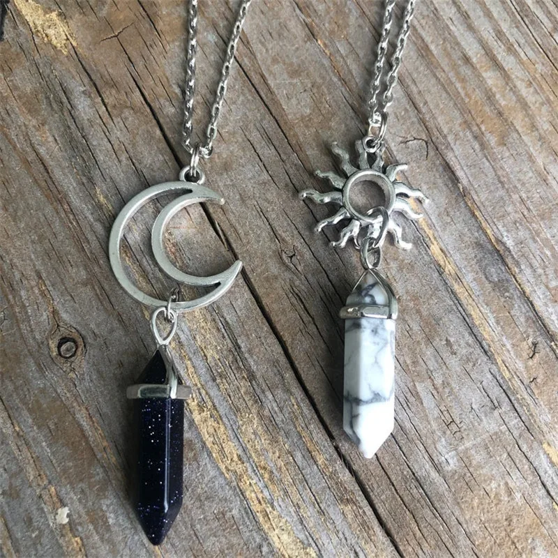 Vintage Sun Moon 2 pcs/set Viking Rune Natural Stone knot Pendant Necklace Hexagonal Pillar Amulet Crystal Couple Necklace