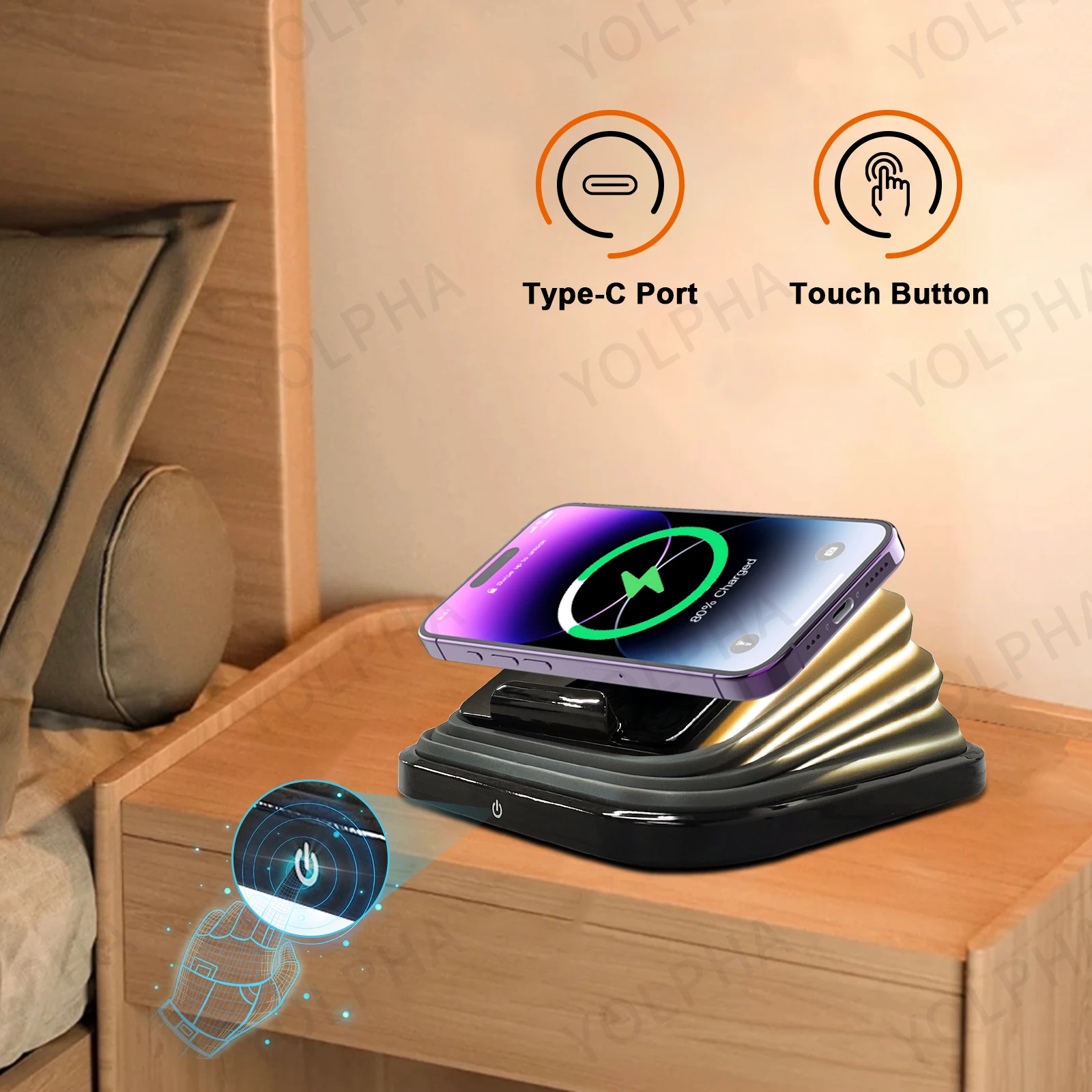 Foldable Moonlight Bedside Night Light Color-changing Touch Button Wireless Charger for IPhone Samsung Room Decoration Desk Lamp