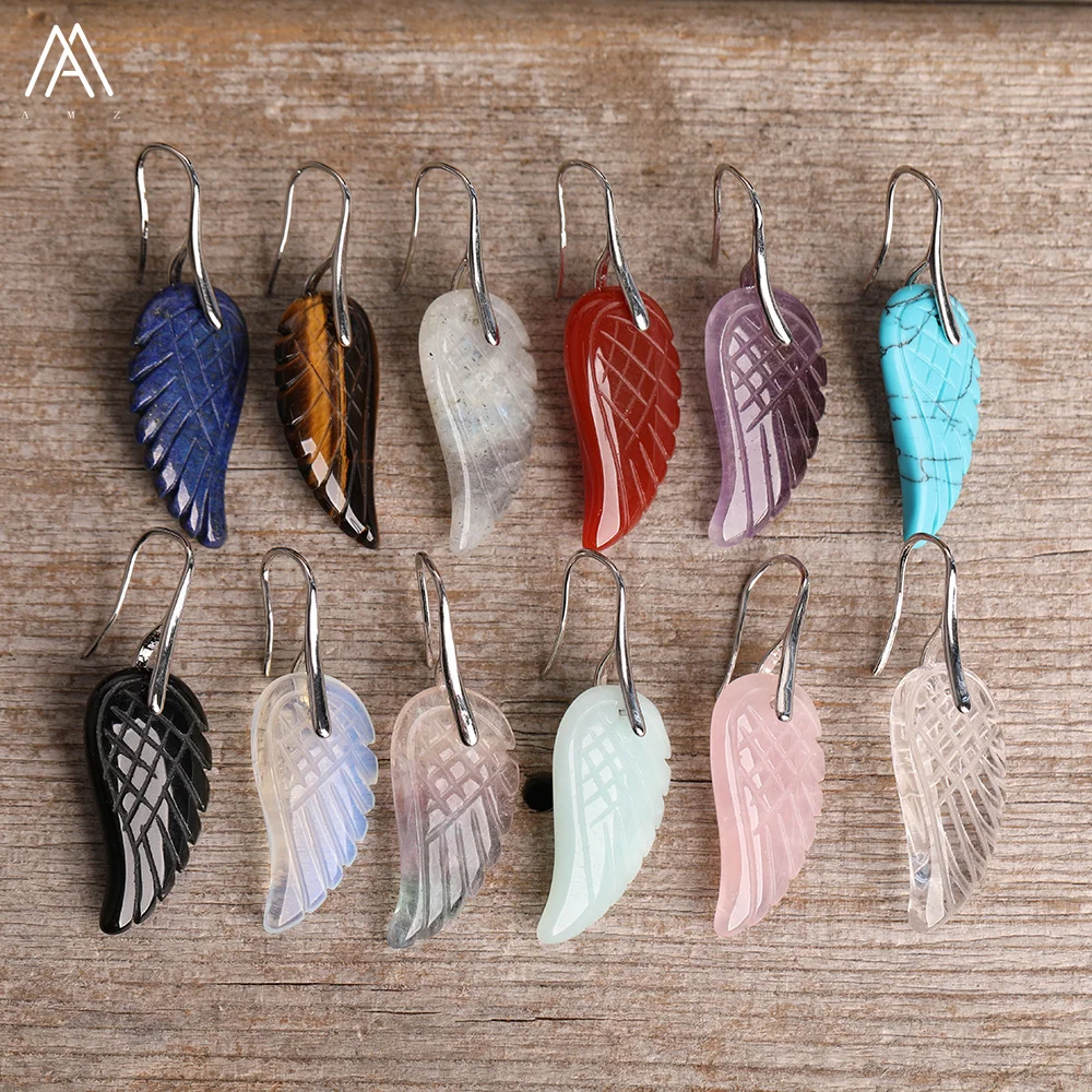 Classic Wing Earrings Women Jewelry, Silver Earring, Angel Wings Natural Stones Healing Crystals Quartz Agate