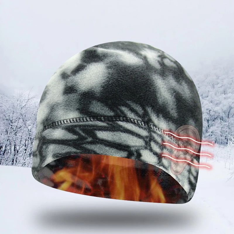 Wholesale High Quality Custom Outdoor Windproof Winter Beanie Caps Lightweight Camo Pattern Polar Fleece Skull Sports Beanie Hat