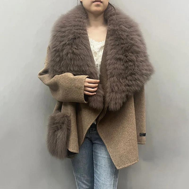 2024 Lady Fashion Luxury Large Lapel Real Fox Fur Trimming Short Overcoat Elegant Winter Women Cashmere Wool Coat