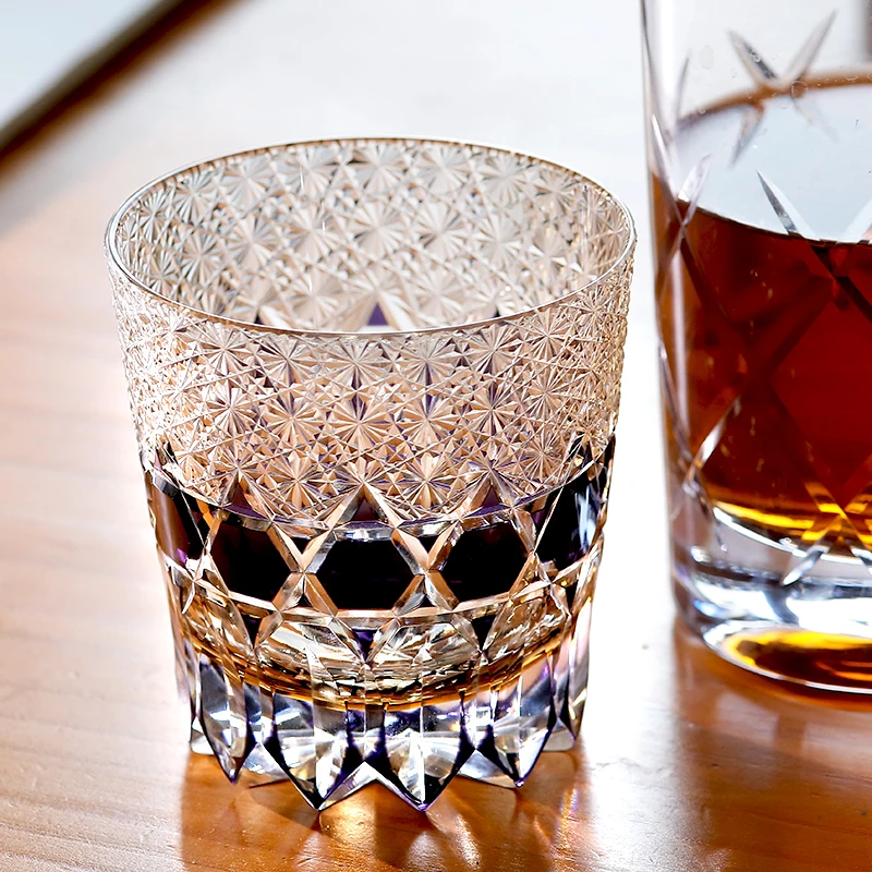 Japanese Edo Kiriko Whisky Cup Purple Glass Morden Luxury 11oz perfect for Party and wedding with gift box