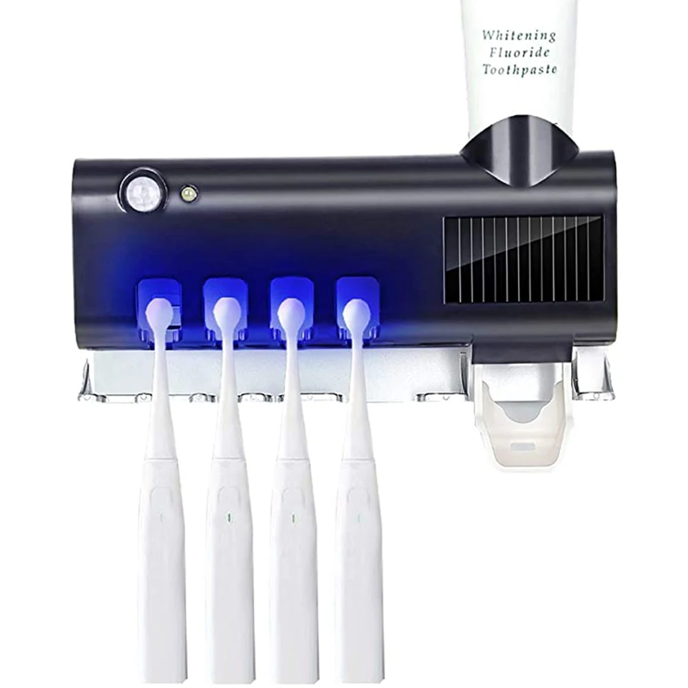 Solar Powered Toothbrush Holder Wall Mounted + Automatic Toothpaste Dispenser for Women Kids Baby Bathroom