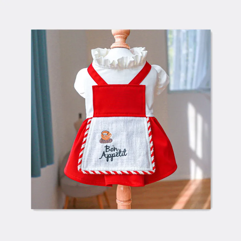 French Style White Red Pet Dresses for Dogs Cats Summer/Spring Solid Pattern Polyester Sustainable Cute Design for Small Animals